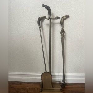 Brass equestrian horse racing Fireplace Tools 3 piece & stand